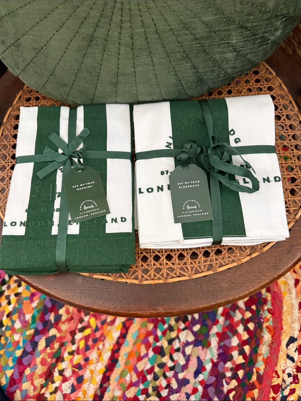 NWT Harrods Knightsbridge London Classic Green Stripe Napkins & Placemats Set